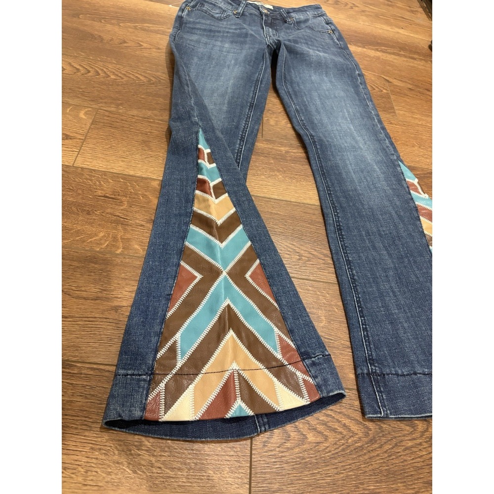 Women's Flare Jeans with Multicolor Chevron Design - Picture 11 of 16